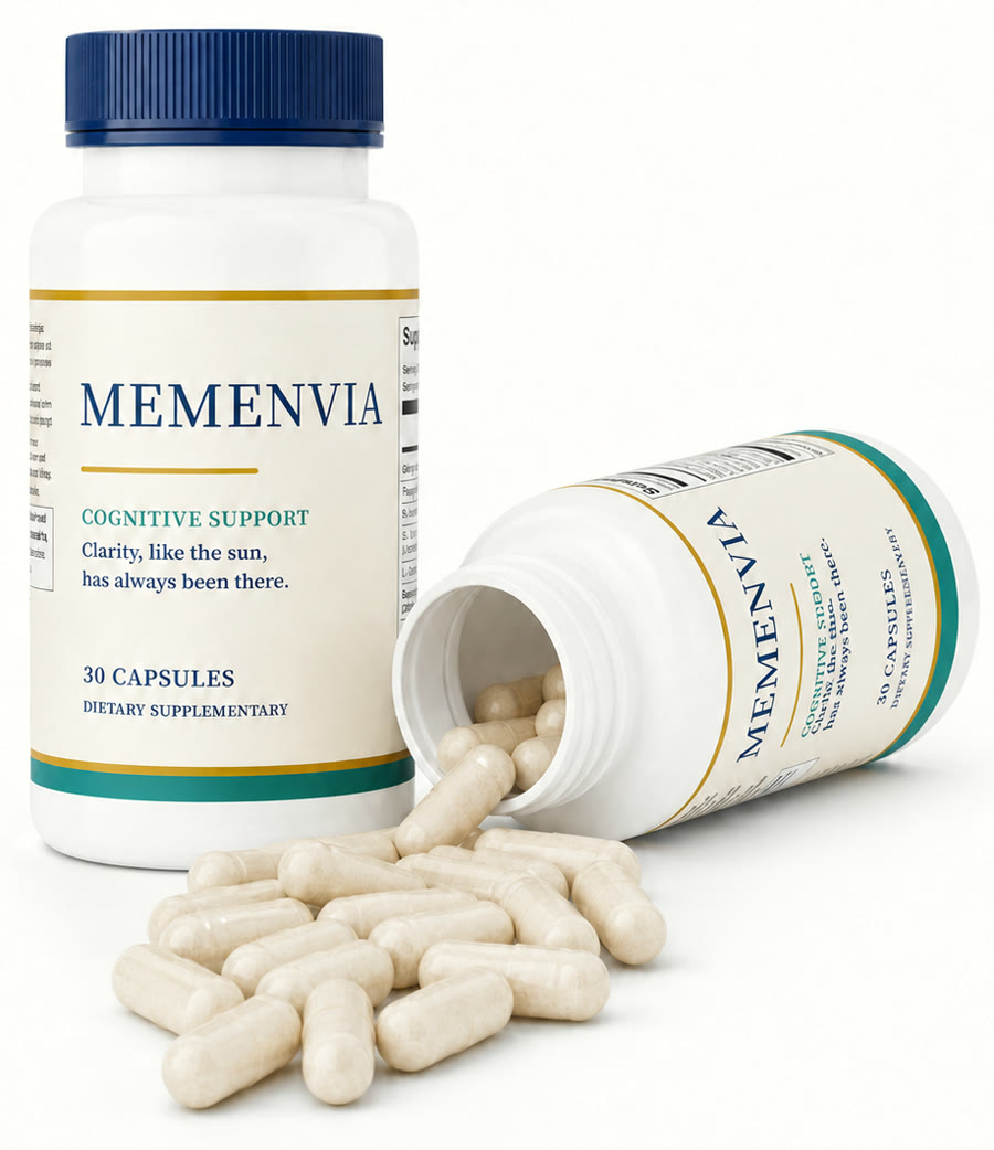 Two MEMENVIA bottles, one lying down with capsules beside it
