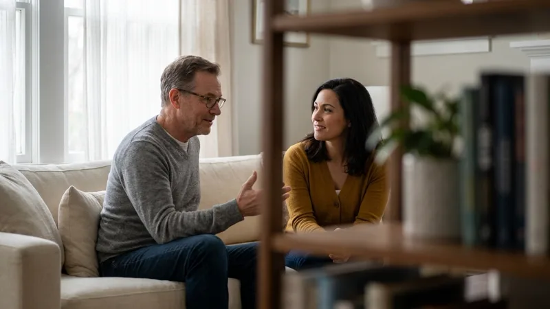 Two people mid-conversation in a living room, one gesturing as the other listens