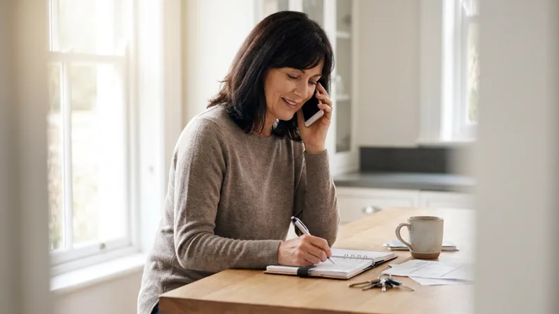 Woman writing in a planner while on the phone at a kitchen counter