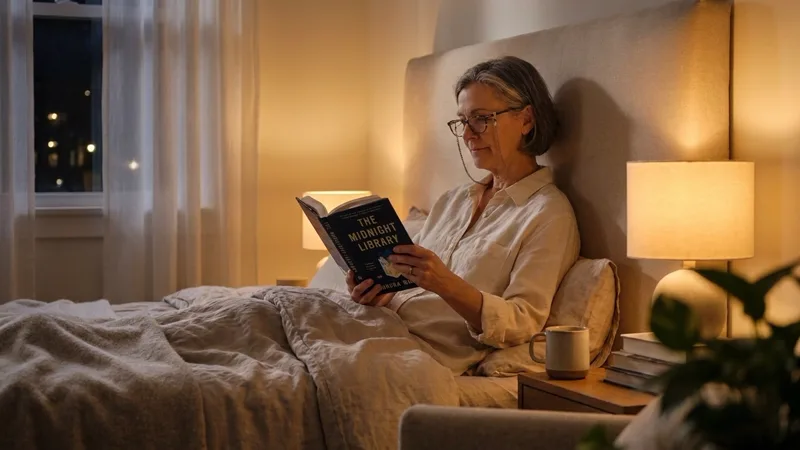 Woman reading a book in bed by lamplight