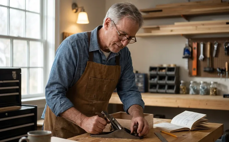 Man planing a wooden box in a home workshop, an open manual beside him
