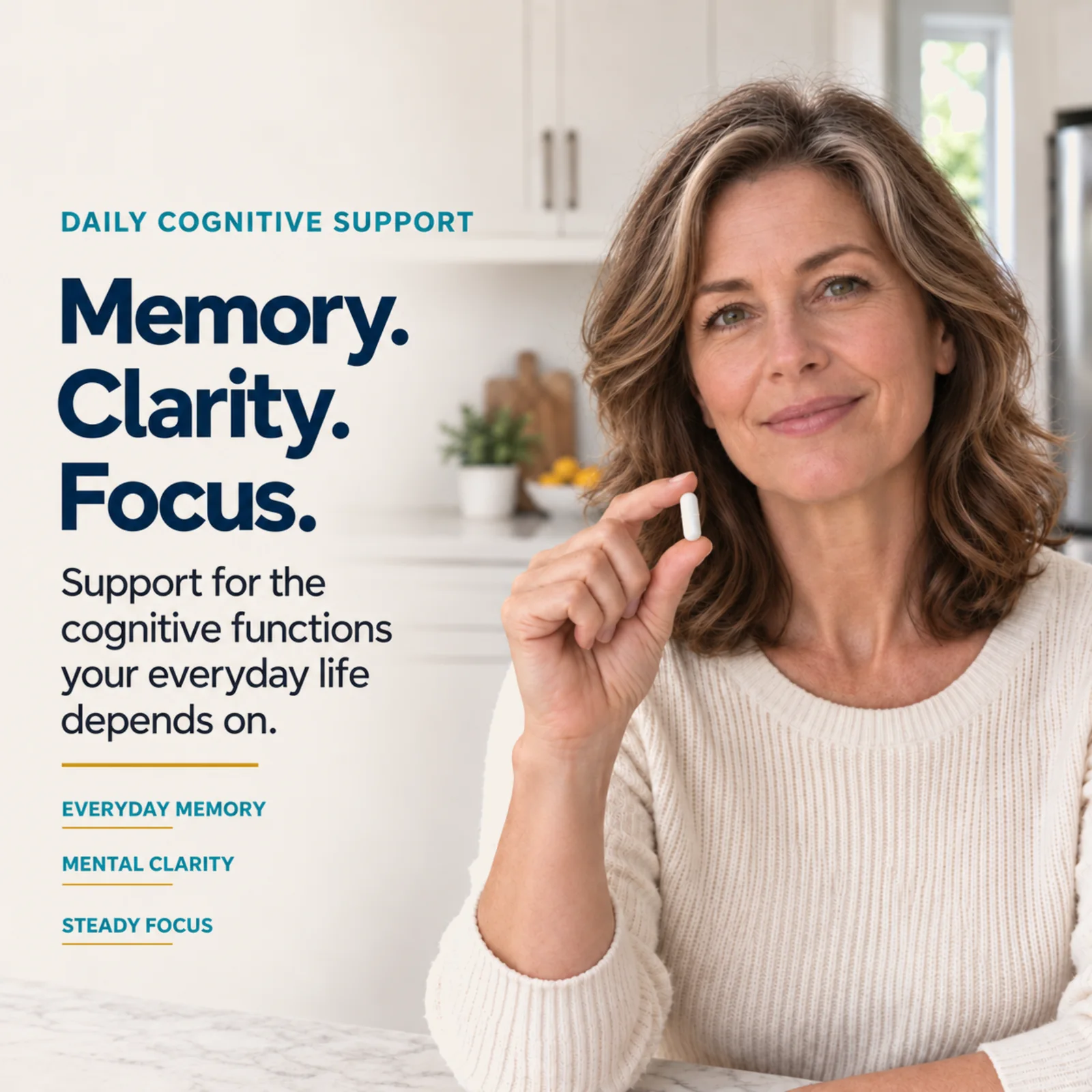 Woman holding a capsule beside the words Memory, Clarity, Focus