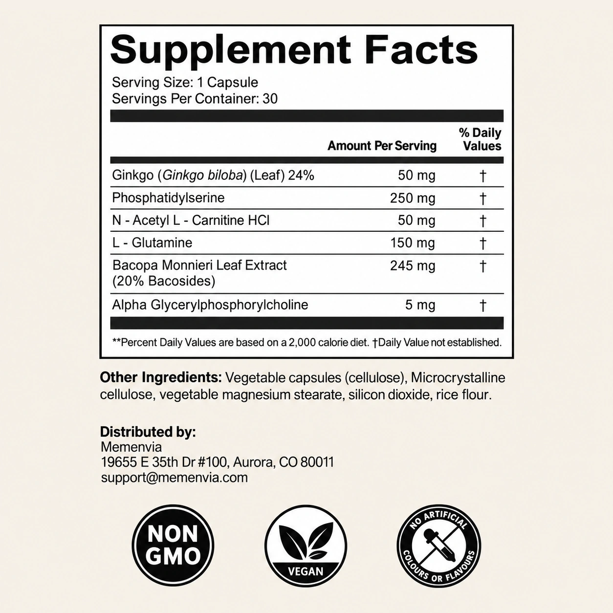 MEMENVIA Supplement Facts panel with six fully disclosed active ingredients