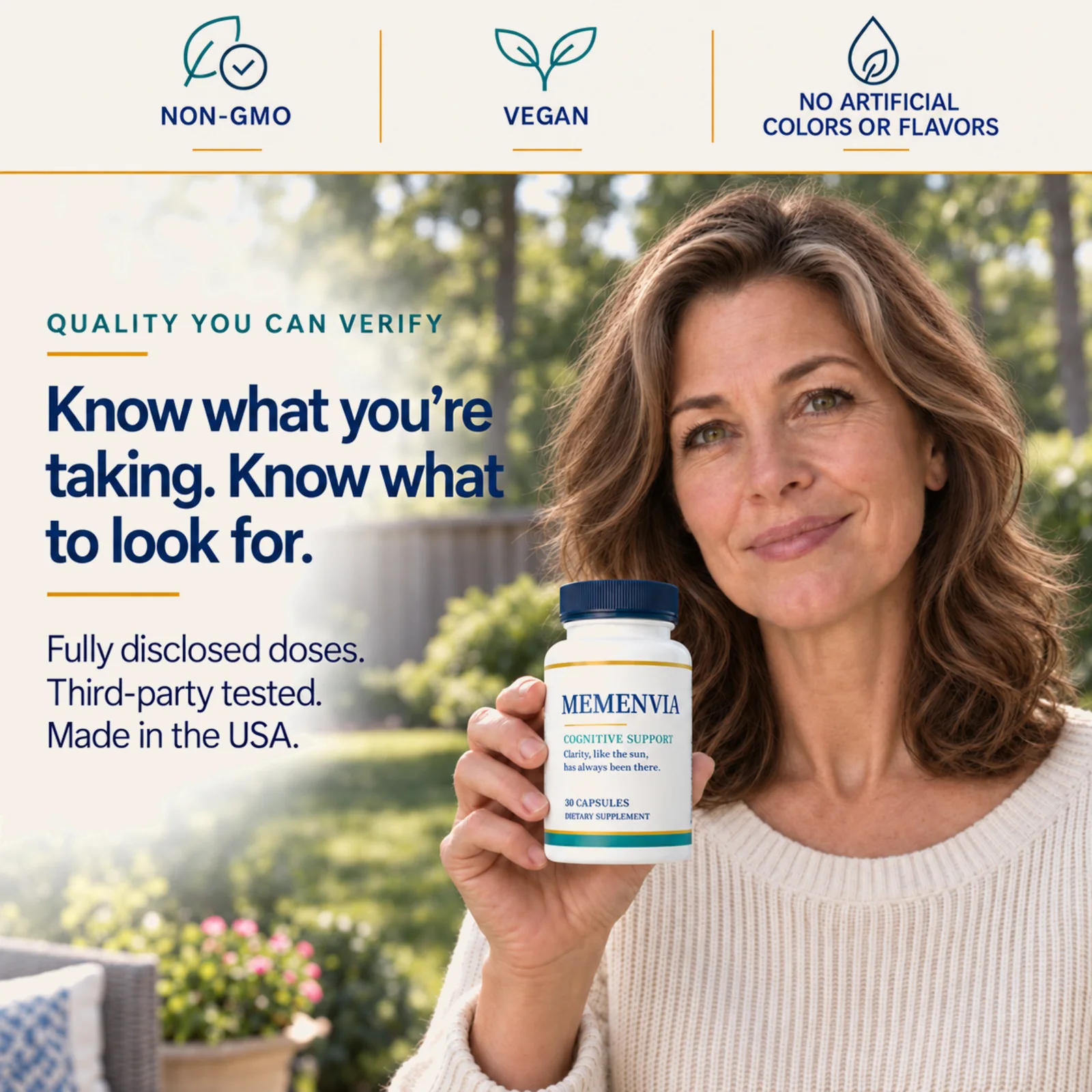 Woman holding MEMENVIA beside its quality standards