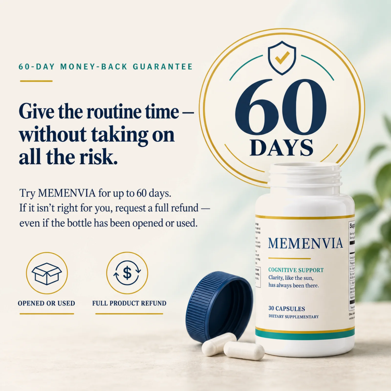 MEMENVIA bottle beside the 60-day money-back guarantee