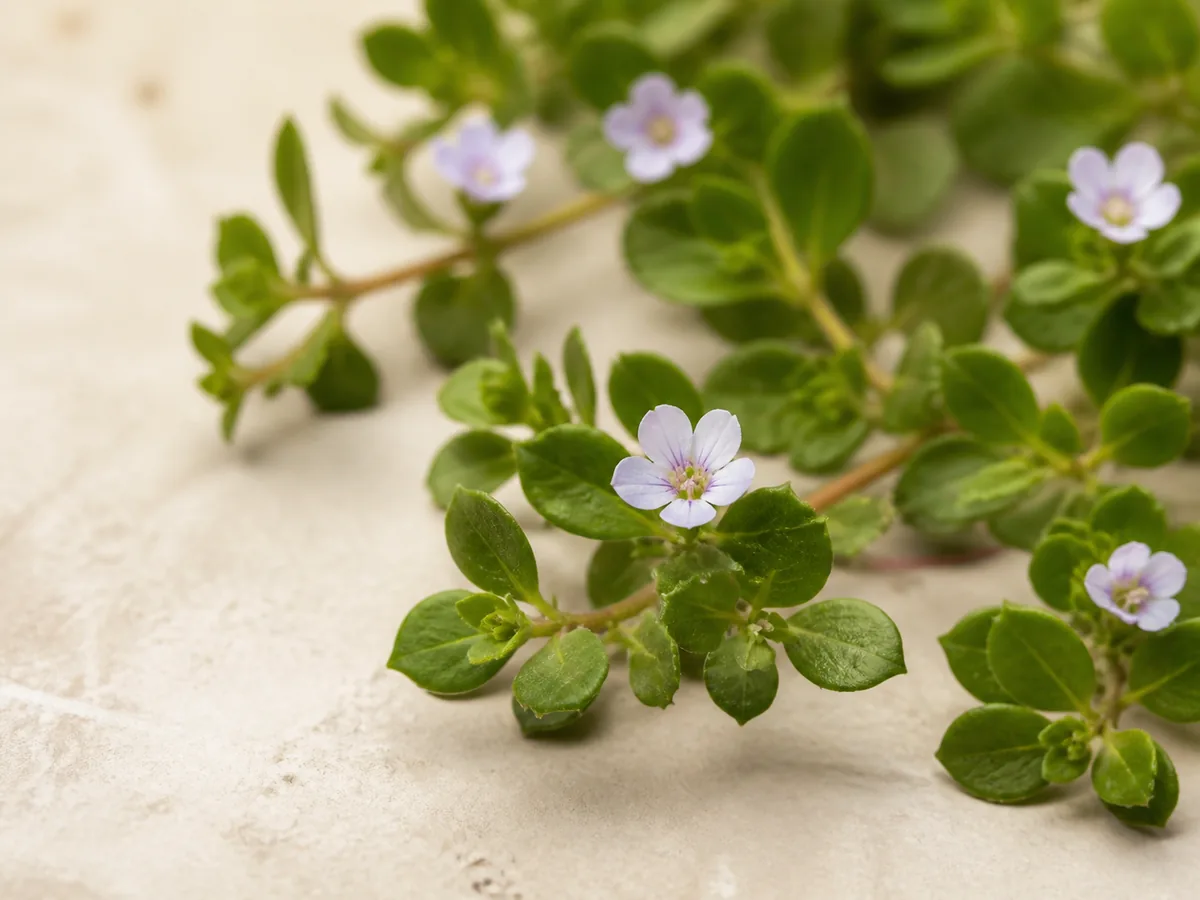 Fresh Bacopa monnieri leaves and flowers on a warm neutral surface.