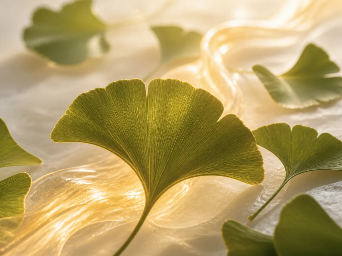 Ginkgo biloba leaves with a subtle warm flow of light.